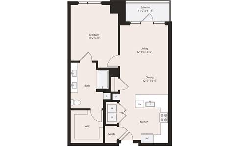 Deco A2-4A floor plan 1 bedroom 1 bathroom 875 square feet